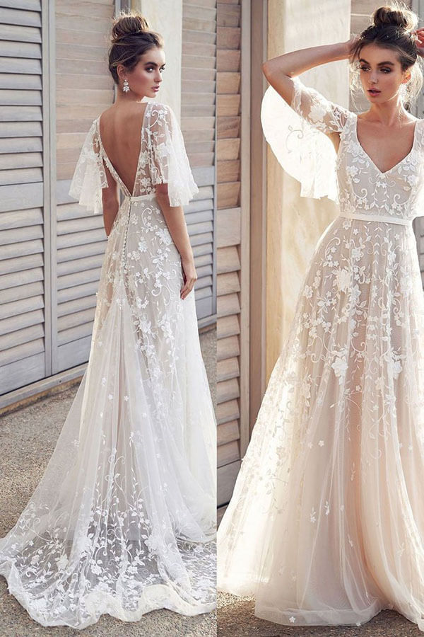 Ivory V Neck Wedding Dresses with Lace ...
